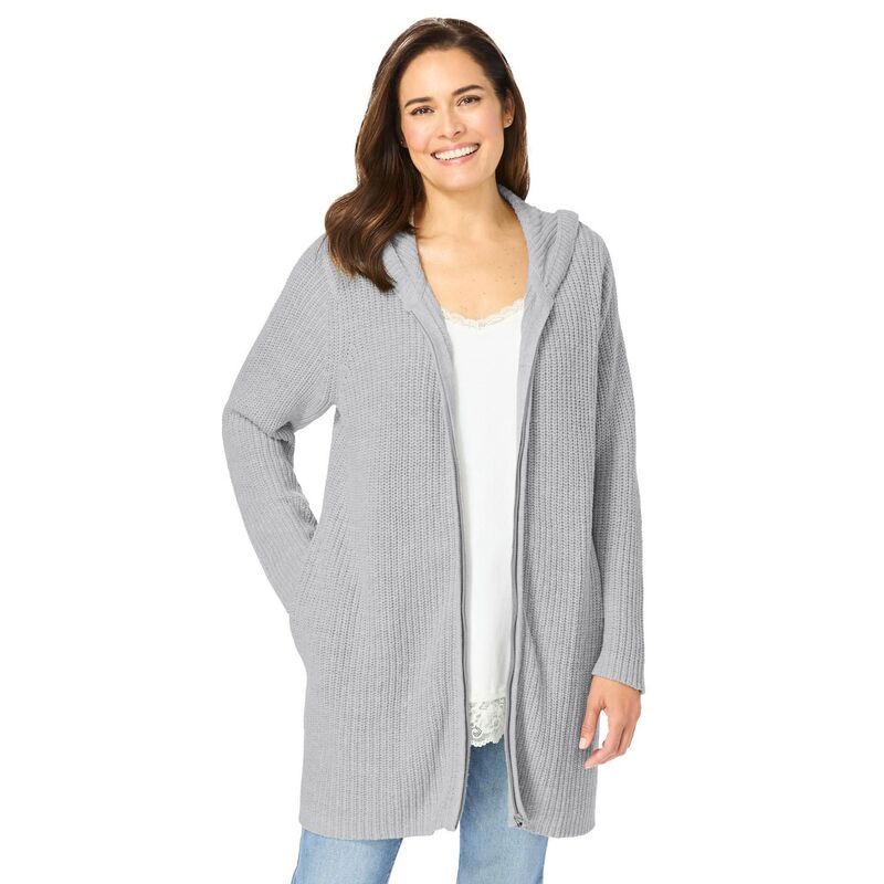ウーマン ウィズイン レディース アウター ニット・セーター プラスサイズ カーディガン パーカー Woman Within Plusize Hoodie Shaker Cardigan Heather Grey グレー