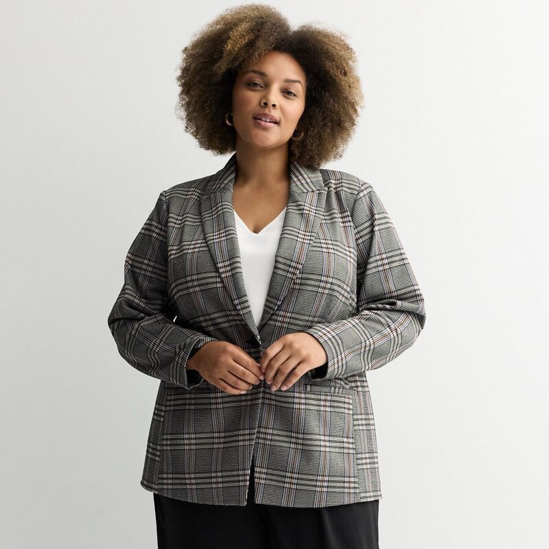 ナインウェスト レディース アウター ジャケット・ブルゾン プラスサイズ ブレザー Plusize Nine West Peak Lapel Blazer Tan Blue Glen Plaid ブルー