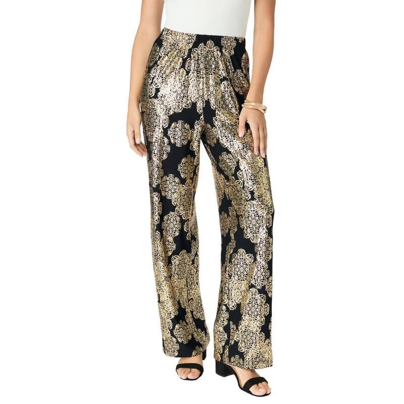 ロアマンズ レディース ボトムス カジュアルパンツ プラスサイズ Roamans Womens Plusize Ultrasmooth Fabric WideLeg Pant Black Foil Medallion ブラック