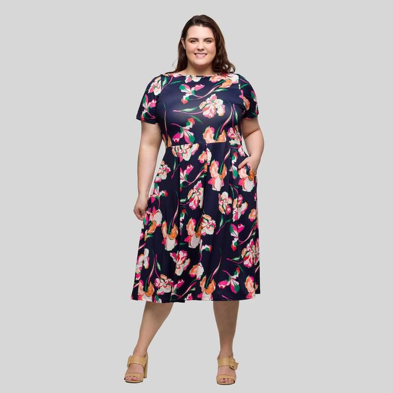 24 セブンコンフォート レディース トップス ワンピース プラスサイズ プリーツ ミディ Plusize 24Seven Comfort Apparel Pleated Flare Midi Pocket Dress Navy Multi ネイビー