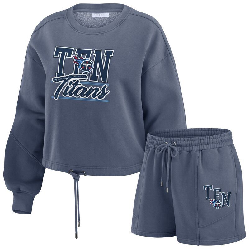 ウェア バイ エリン アンドルーズ レディース アンダーウェア ナイトウェア Tシャツ ショートパンツ フリース Womens WEAR by Erin Andrews Navy Tennessee Titans Washed Fleece Long Slee