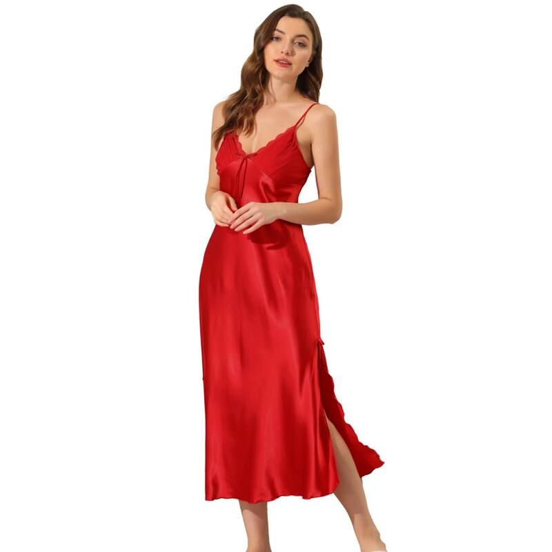 アレグラ ケー レディース アンダーウェア ナイトウェア Vネック ミディ サテン ALLEGRA K Womensatin Pajama V Neck Nightdressoft Midi Lounge Dress Red レッド