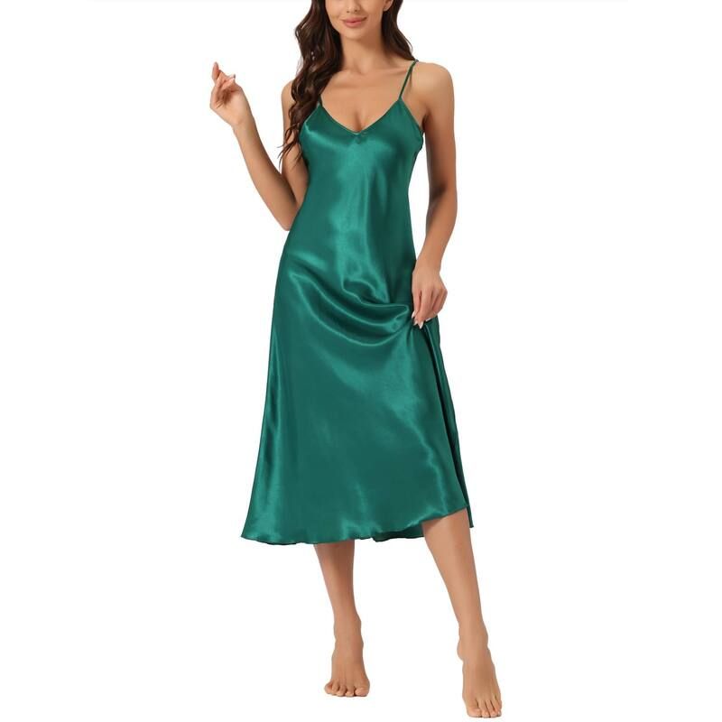 cheibear レディース アンダーウェア ナイトウェア Vネック cheibear Womens Pajama Nightdressleepwear VNeck Spaghetti Strap Lounge Nightgown Dark Green グリー