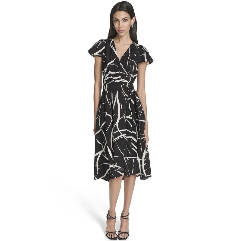 アンドリューマーク レディース トップス ワンピース ミディ Womens Andrew Marc Flutter Abstract Sleeve Wrap Midi Dress Black White ホワイト