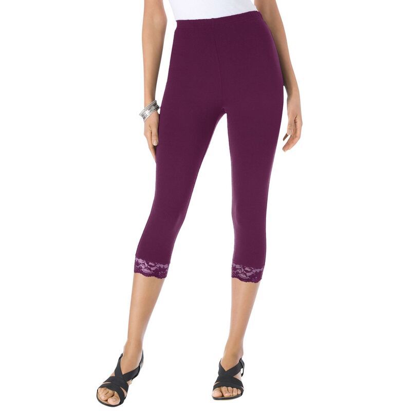 ロアマンズ レディース ボトムス カジュアルパンツ プラスサイズ キャップ レース Roamans Womens Plusize LaceTrim Essential Stretch Capri Legging Dark Berry