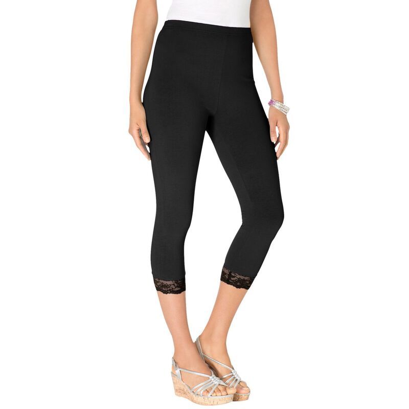 ロアマンズ レディース ボトムス カジュアルパンツ プラスサイズ キャップ レース Roamans Womens Plusize LaceTrim Essential Stretch Capri Legging Black ブラック