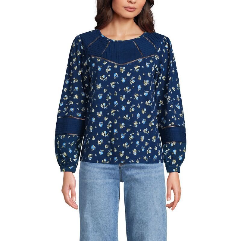 ランズエンド レディース トップス Tシャツ クルーネック Womens Lands End Long Sleeve Crewneck Pintuck Mix Top Sea Dainty Floral