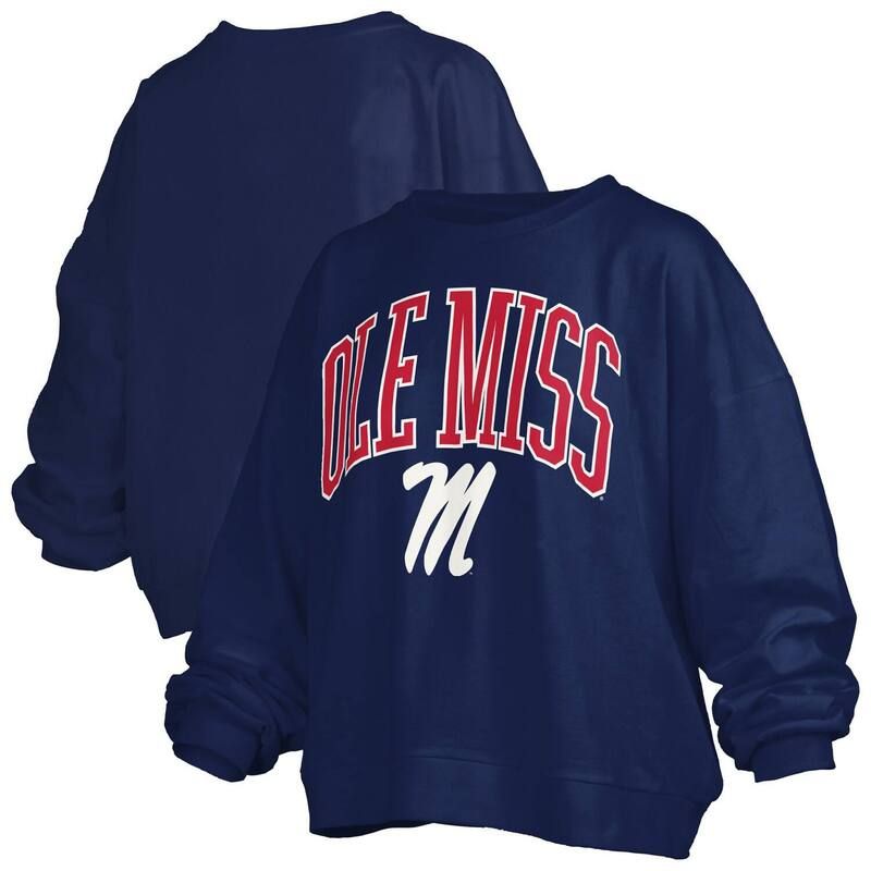 プレスボックス レディース トップス Tシャツ スウェット ロゴ Womens Pressbox Navy Ole Miss Rebels Janise Arch Over Logo Waist Length Oversized Pullover Sweats