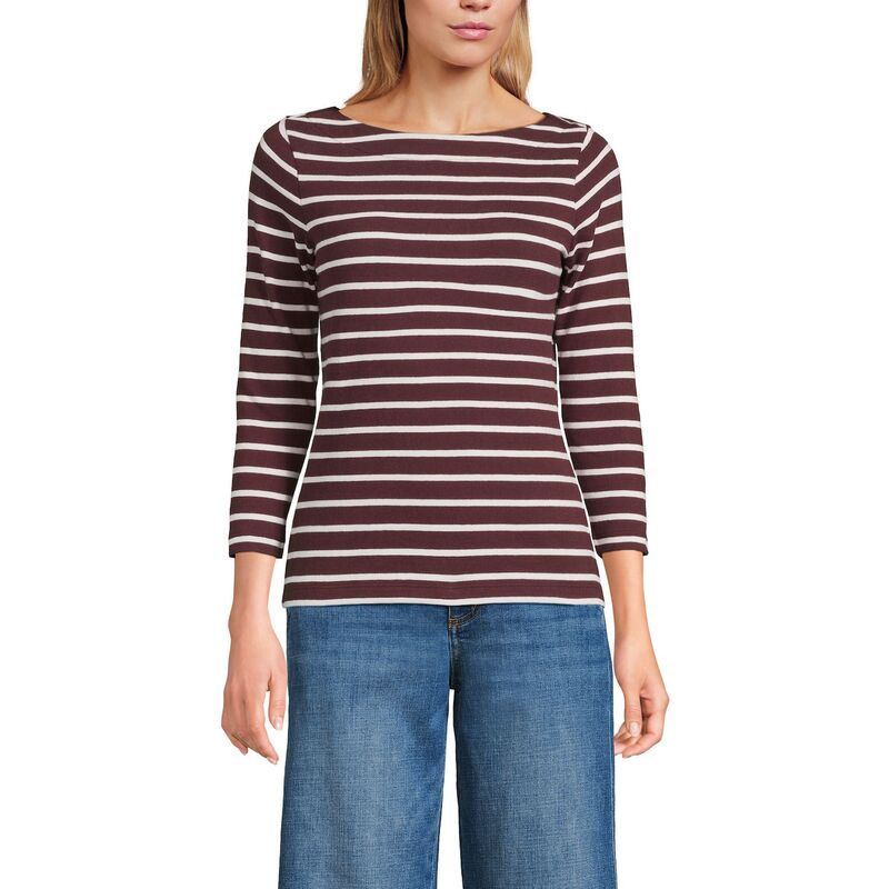 ランズエンド レディース トップス Tシャツ ジャージー Womens Lands End Mariner Jersey Boatneck Top Burgundy Stripe バーガンディ