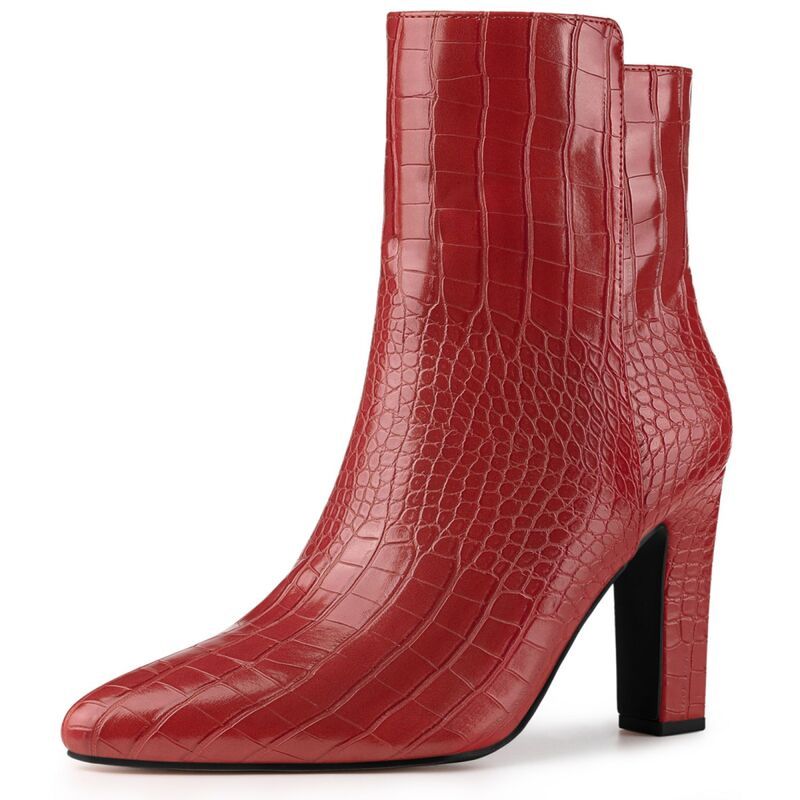アレグラ ケー レディース シューズ ブーツ・レインブーツ プリント アンクル ヒール ALLEGRA K Womens Printed Pointed Toe Chunky Heels Ankle Boots Red レッド