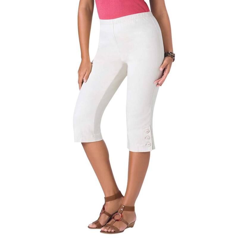 ロアマンズ レディース ボトムス カジュアルパンツ プラスサイズ キャップ Roamans Womens Plusize ButtonDetail Comfort Stretch Capri Jean White Denim ホワイト