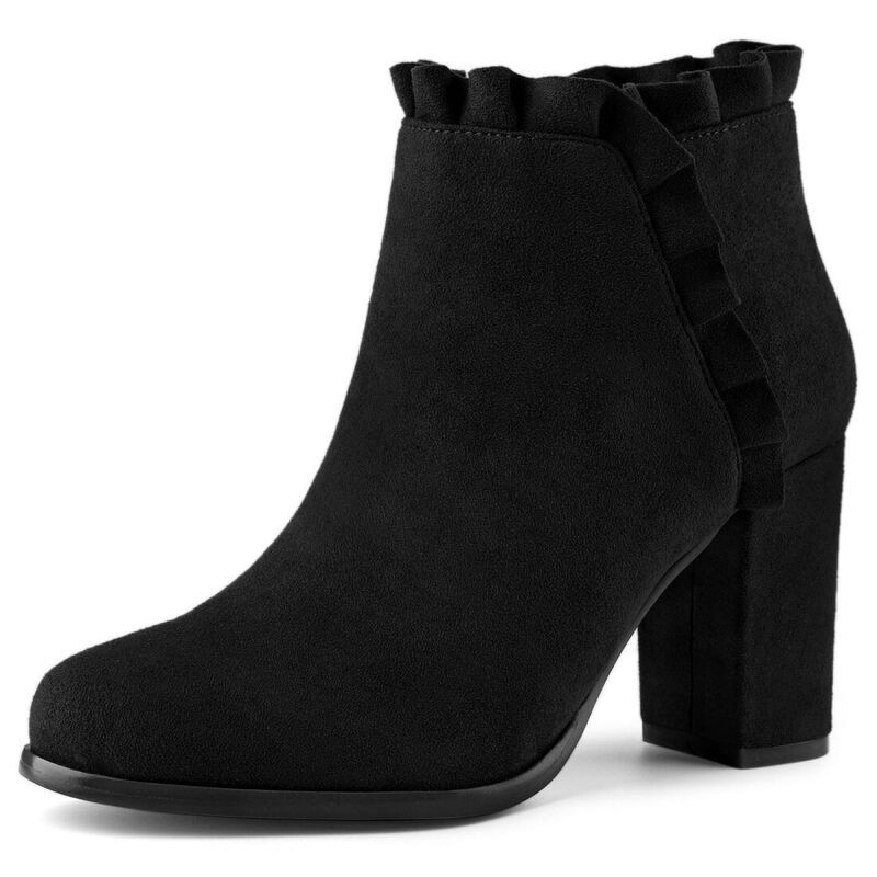 アレグラ ケー レディース シューズ ブーツ・レインブーツ フリル アンクル ヒール ALLEGRA K Womens Ruffle Block Heel Ankle Boots Black ブラック