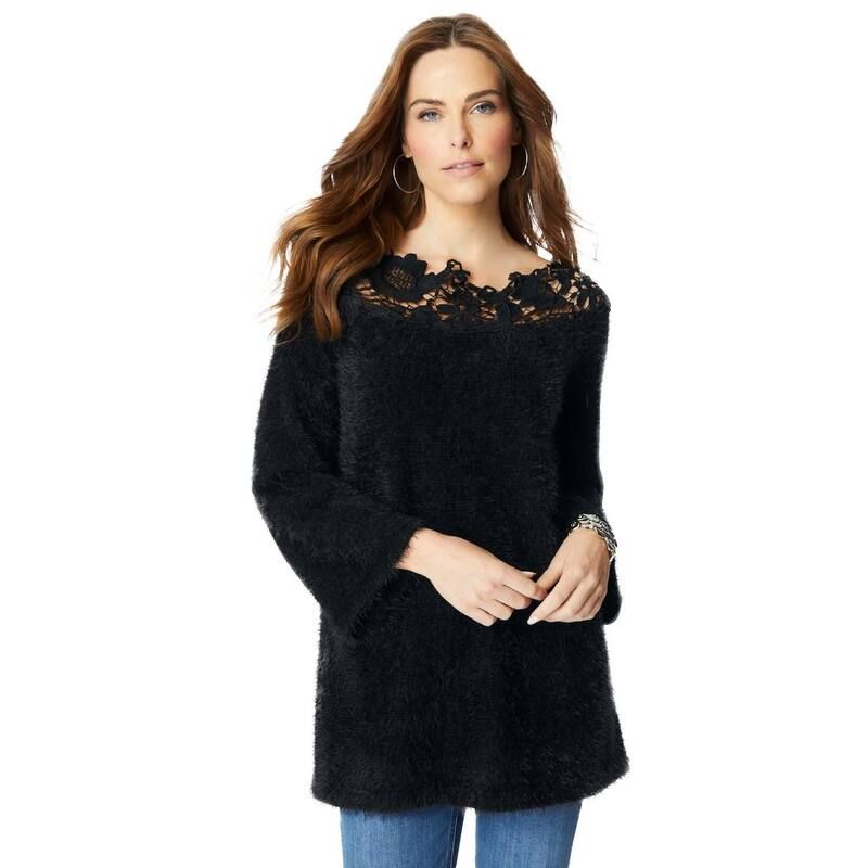 ロアマンズ レディース アウター ニット・セーター プラスサイズ レース Roamans Womens Plusize Lace Neck Eyelash Sweater Black ブラック