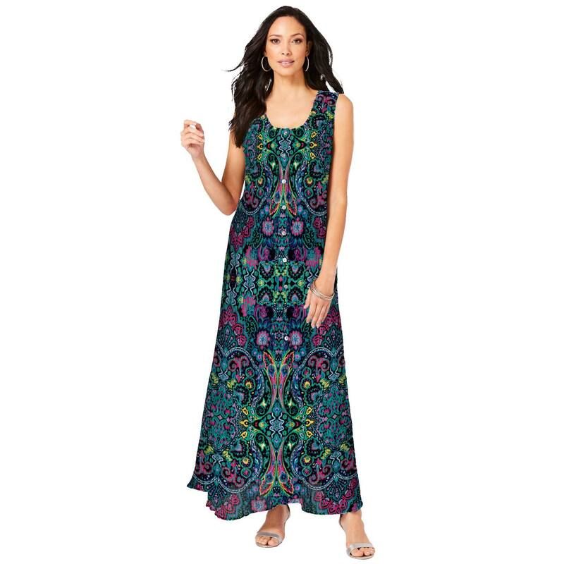 ロアマンズ レディース トップス ワンピース プラスサイズ Roamans Womens Plusize ButtonFront Crinkle Dress With Princesseams Tropical Emerald エメラルド