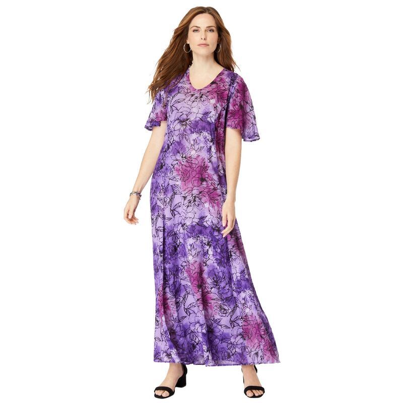 ロアマンズ レディース トップス ワンピース プラスサイズ Roamans Womens Plusize FlutterSleeve Crinkle Dress Lavender Tie Dye ラベンダー
