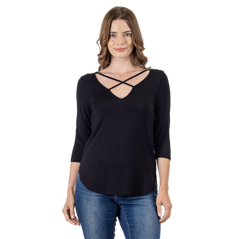 24 セブンコンフォート レディース トップス Tシャツ Womens 24Seven Comfort Apparel Criss Cross Round Hemline Tunic Top Black ブラック