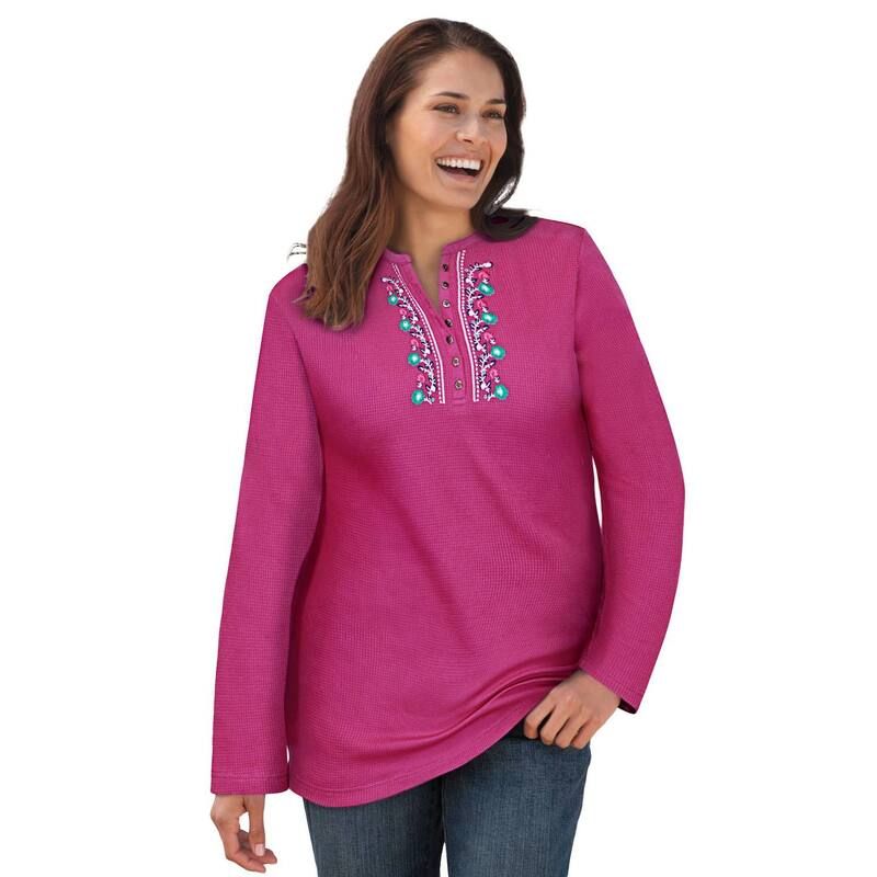 ウーマン ウィズイン レディース トップス Tシャツ プラスサイズ 刺繍 Woman Within Womens Plusizembroidered Thermal Henley Tee Raspberry Vine