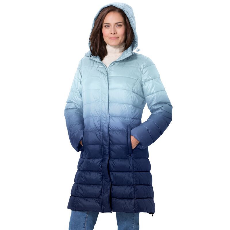 ウーマン ウィズイン レディース アウター ジャケット・ブルゾン プラスサイズ Woman Within Womens Plusize Long Packable Puffer Jacket Evening Blue Ombre ブルー