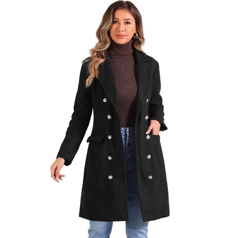 アレグラ ケー レディース アウター ジャケット・ブルゾン コート ALLEGRA K Pea Coat For Womens Notched Lapel Double Breasted Mid Long Winter Coats Black ブラック