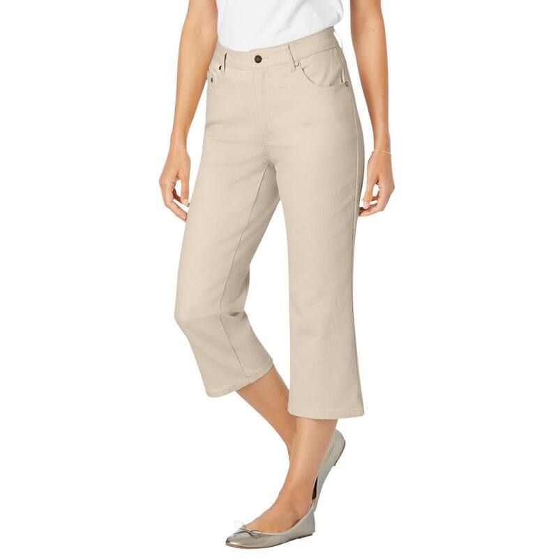 ウーマン ウィズイン レディース ボトムス カジュアルパンツ プラスサイズ デニム キャップ ジーンズ Woman Within Plusize Stretch Denim FivePocket Capri Jeans Natural Khaki カーキ