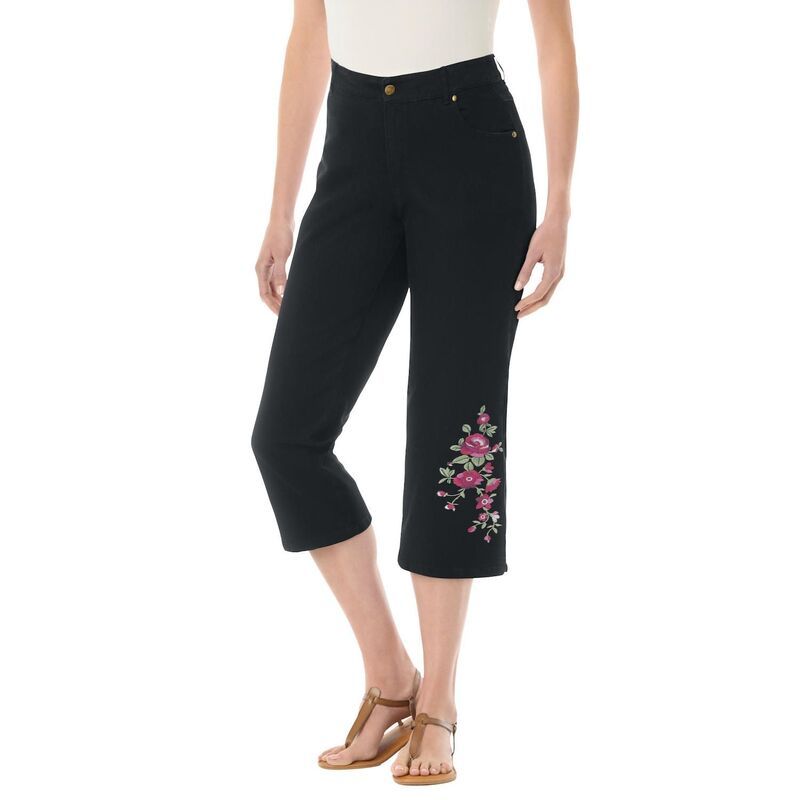 ウーマン ウィズイン レディース ボトムス カジュアルパンツ プラスサイズ デニム キャップ ジーンズ Woman Within Plusize Stretch Denim FivePocket Capri Jeans Black Bloom Embroide