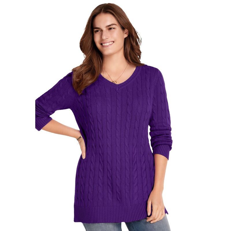 ウーマン ウィズイン レディース アウター ニット・セーター Vネック プラスサイズ Woman Within Plusize Cable Knit VNeck Pullover Sweateradiant Purple パープル
