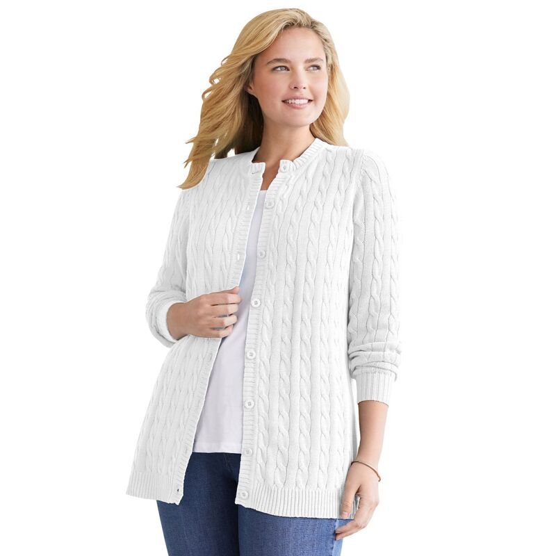 ウーマン ウィズイン レディース アウター ニット・セーター プラスサイズ コットン カーディガン Woman Within Plusize Cotton Cable Knit Cardigan Sweater White ホワイト