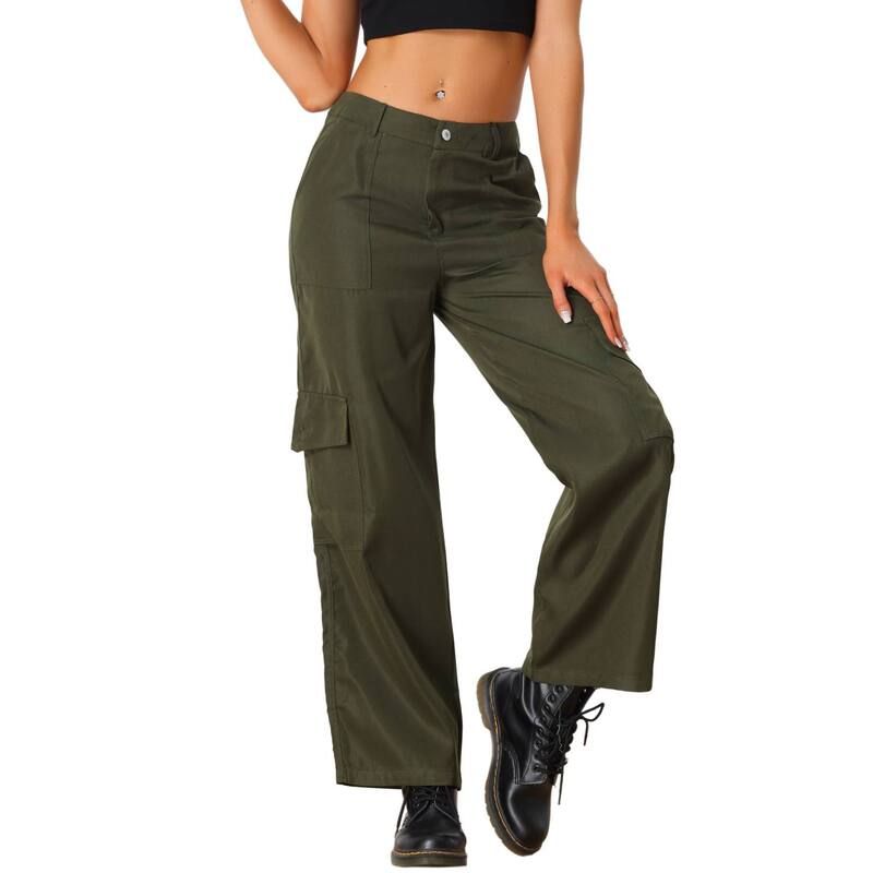 アレグラ ケー レディース ボトムス カジュアルパンツ ワイドレッグ カーゴパンツ ALLEGRA K Womens Cargo Pants Mid Rise Baggy Wide Leg Pockets Casual Pants Army Green グリー