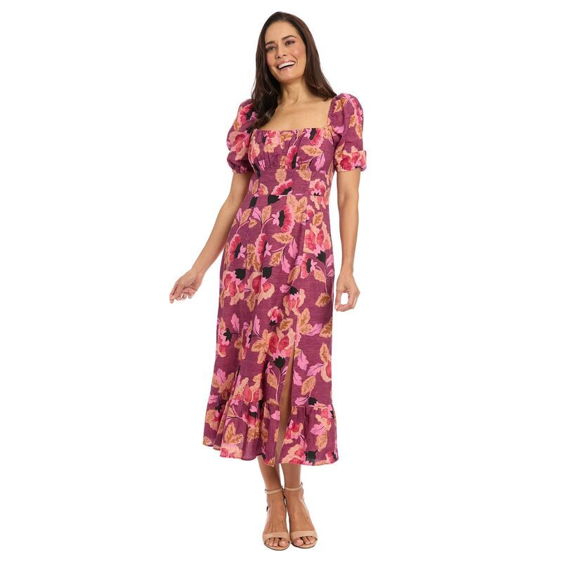 ロンドンタイムス レディース トップス ワンピース フラワー柄 ミディ エンパイア フラワー Womens London Times Floral Squareneck Puff Sleevempire Waist Midi Dress Burgandy Re