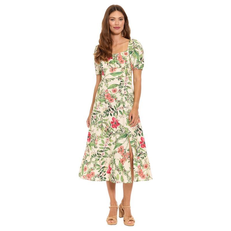 ロンドンタイムス レディース トップス ワンピース フラワー柄 ミディ エンパイア フラワー Womens London Times Floral Squareneck Puff Sleevempire Waist Midi Dress Cream Pink