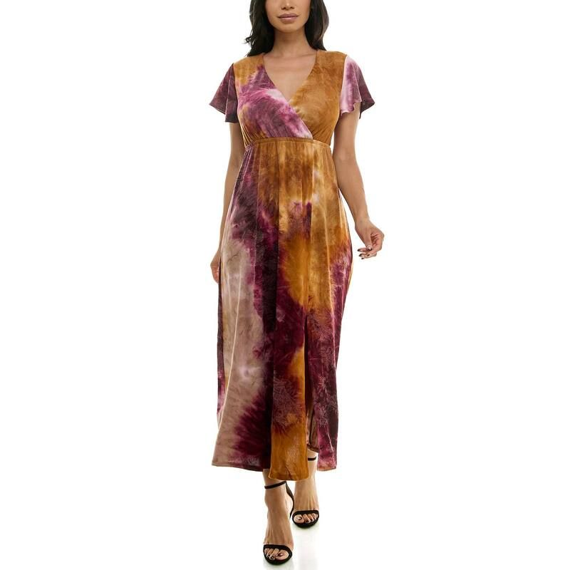 ニナレオナルド レディース トップス ワンピース Vネック プリント マキシ Womens Nina Leonard Tie Dye Print Flutter Sleeve VNeck Maxi Dress Wine Rust Khaki ワイン