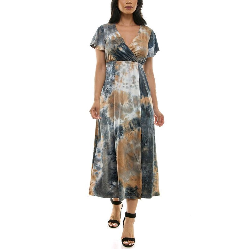 ニナレオナルド レディース トップス ワンピース Vネック プリント マキシ Womens Nina Leonard Tie Dye Print Flutter Sleeve VNeck Maxi Dress Black Tan ブラック