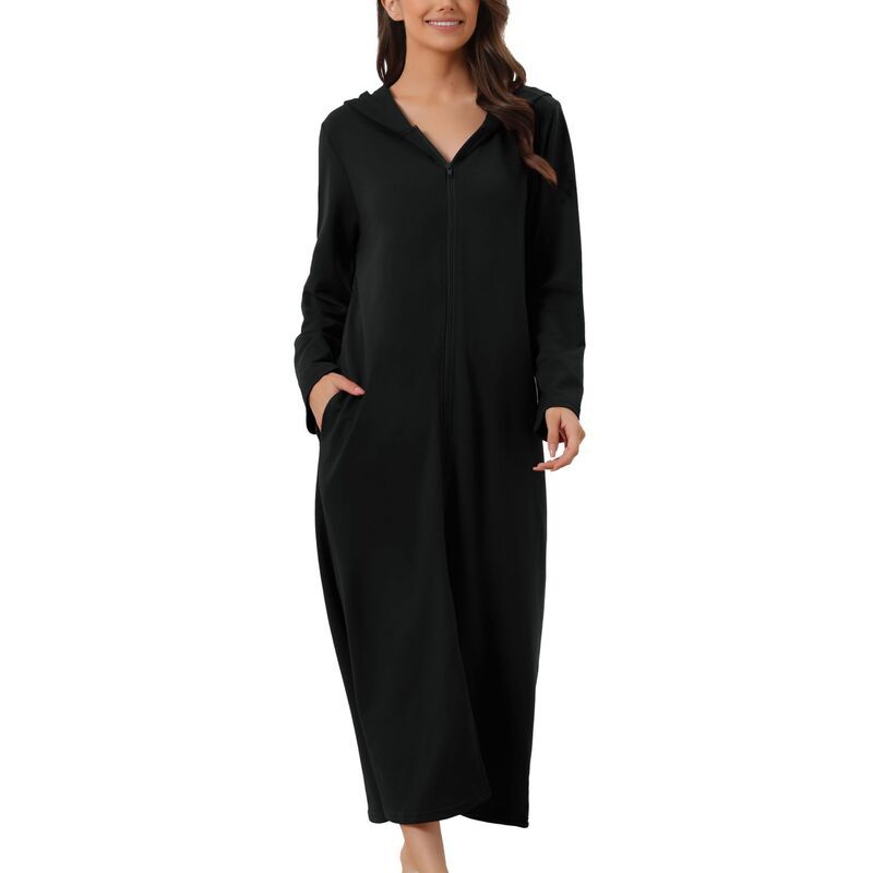 cheibear レディース アンダーウェア ナイトウェア シャツ パーカー cheibear Womens Hoodie Zip Up Closure Pajama Nightshirt Long Sleeve Robe Loungewear Black ブ