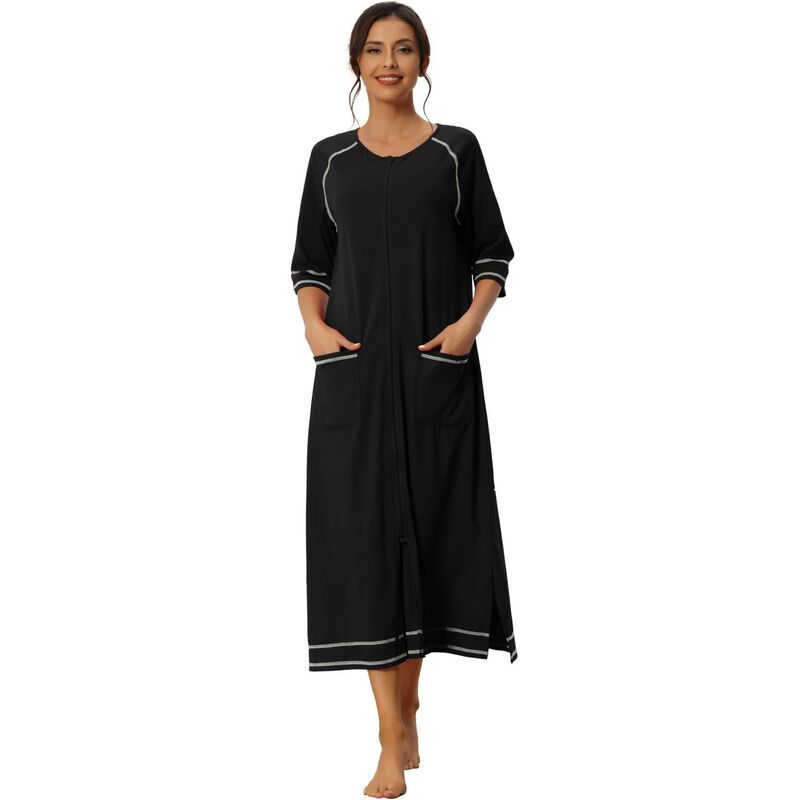 cheibear レディース アンダーウェア ナイトウェア ミディ コート cheibear Women Zipperobe Long Sleeve Loungewear Housecoat Midi Nightgown With Pockets Black