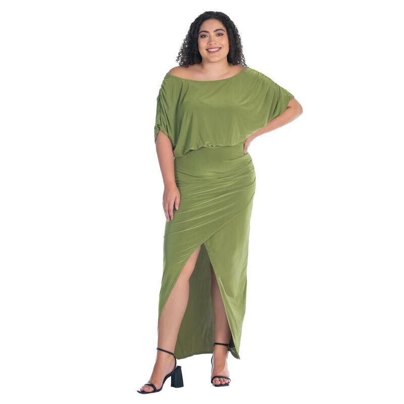 24 セブンコンフォート レディース トップス ワンピース プラスサイズ マキシ Plusize 24Seven Comfort Apparel Boat Neck Batwing Sleeve Slit Maxi Dress Avocado