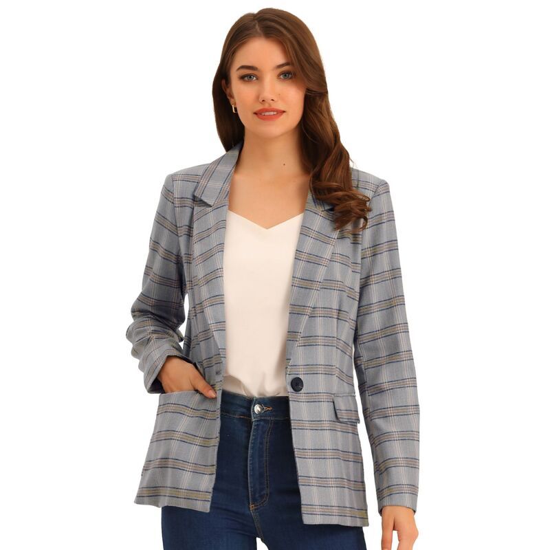 アレグラ ケー レディース アウター ジャケット・ブルゾン ブレザー ALLEGRA K Womens Notched Lapel One Button Hip Lengthoundstooth Blazer Grey Blue グレー