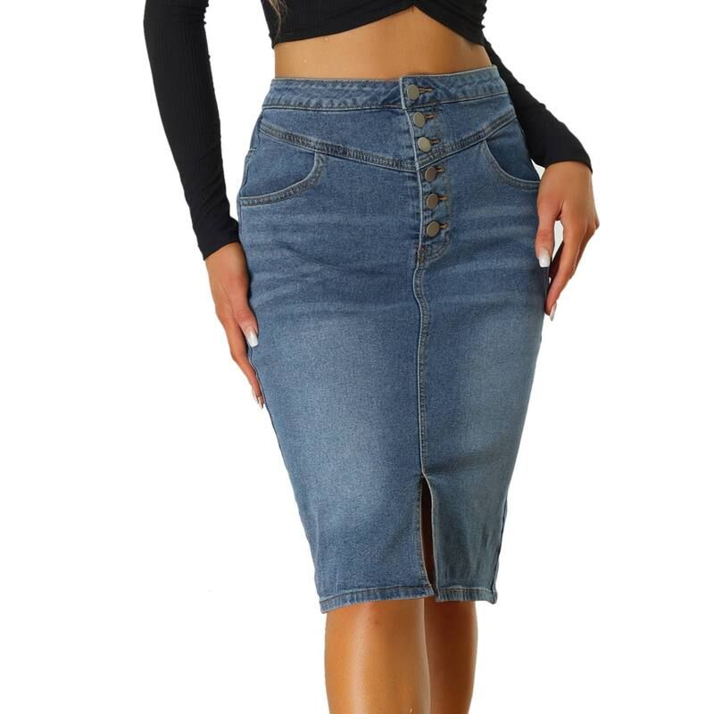 アレグラ ケー レディース ボトムスカート A ライン ハイウエスト フロントスリット デニム ALLEGRA K Womens Casual Jean Skirt High Waist Front Slit Stretch Aline Denim Skirt