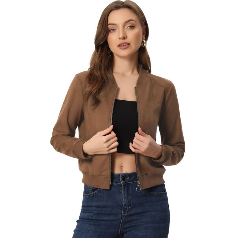 アレグラ ケー レディース アウター ジャケット・ブルゾン スエード コート クロップド ALLEGRA K Faux Suede Cropped Coat for Womenstand Collar Zip Up Biker Moto BomBer Jack