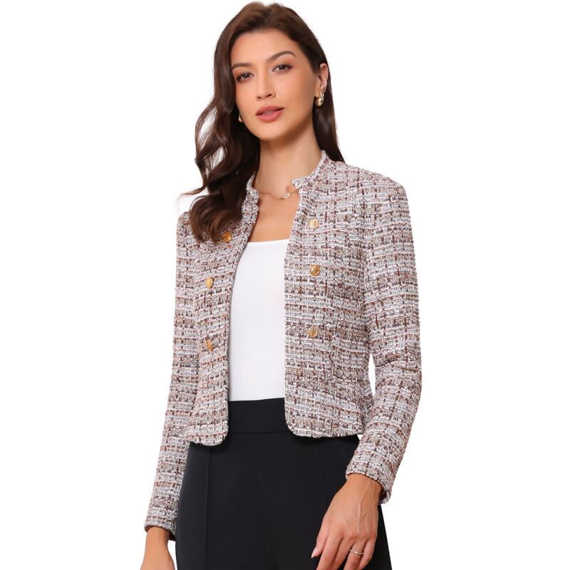 アレグラ ケー レディース アウター ジャケット・ブルゾン ツイード ブレザー ALLEGRA K Womens Elegant Plaid Tweed Blazer Jacket Brown ブラウン
