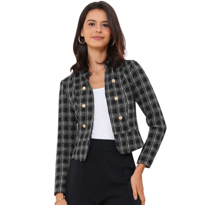 アレグラ ケー レディース アウター ジャケット・ブルゾン ツイード ブレザー ALLEGRA K Womens Elegant Plaid Tweed Blazer Jacket Black White ホワイト