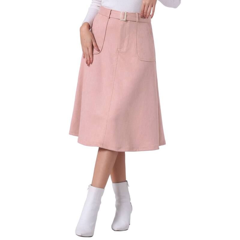 アレグラ ケー レディース ボトムスカート A ライン ミディ スエード ALLEGRA K Womens Casual Stretchy Faux Suede Pockets ALine Midi Skirt with Belt Pink ピンク