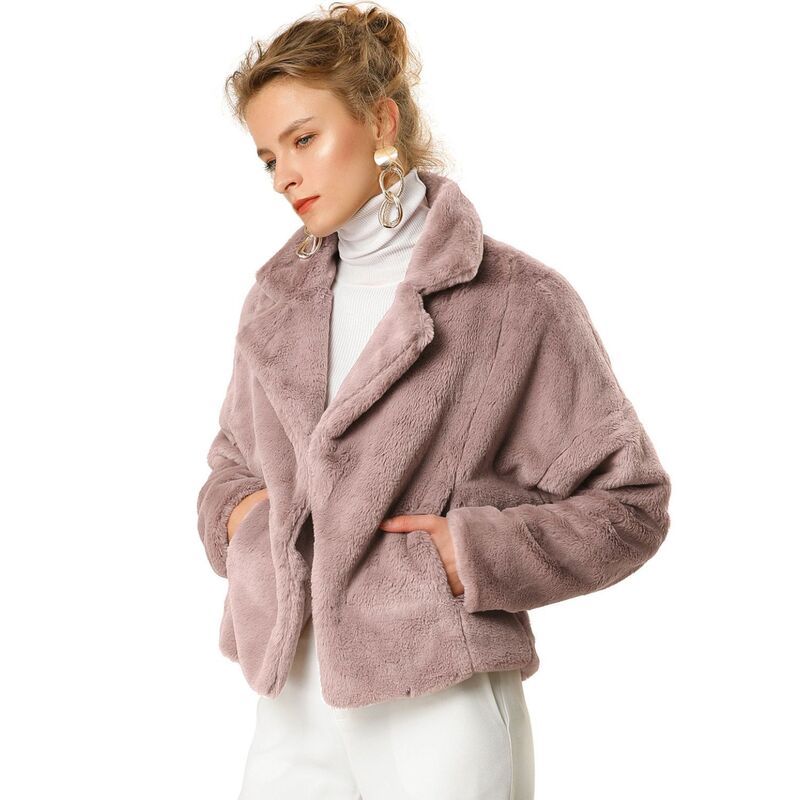 アレグラ ケー レディース アウター ジャケット・ブルゾン コート クロップド ALLEGRA K Womens Cropped Jacket Notch Lapel Faux Fur Fluffy Coat Dusty Pink ピンク