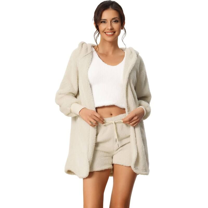 cheibear レディース アンダーウェア ナイトウェア ショートパンツ コート フリース ジャケット cheibear Womens Fuzzy Fleece 3 Piece Outfits Coat Jacket And Crop Top With Sh