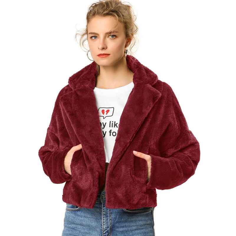アレグラ ケー レディース アウター ジャケット・ブルゾン コート クロップド ALLEGRA K Womens Cropped Jacket Notch Lapel Faux Fur Fluffy Coat Burgundy バーガンディ