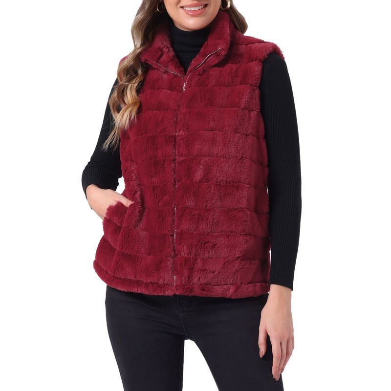 アレグラ ケー レディース アウター ジャケット・ブルゾン ベスト ノースリーブ コート ALLEGRA K Fluffy Vest Jacket for Womenstand Collar Warm Faux Fur Winter Sleeveless Co