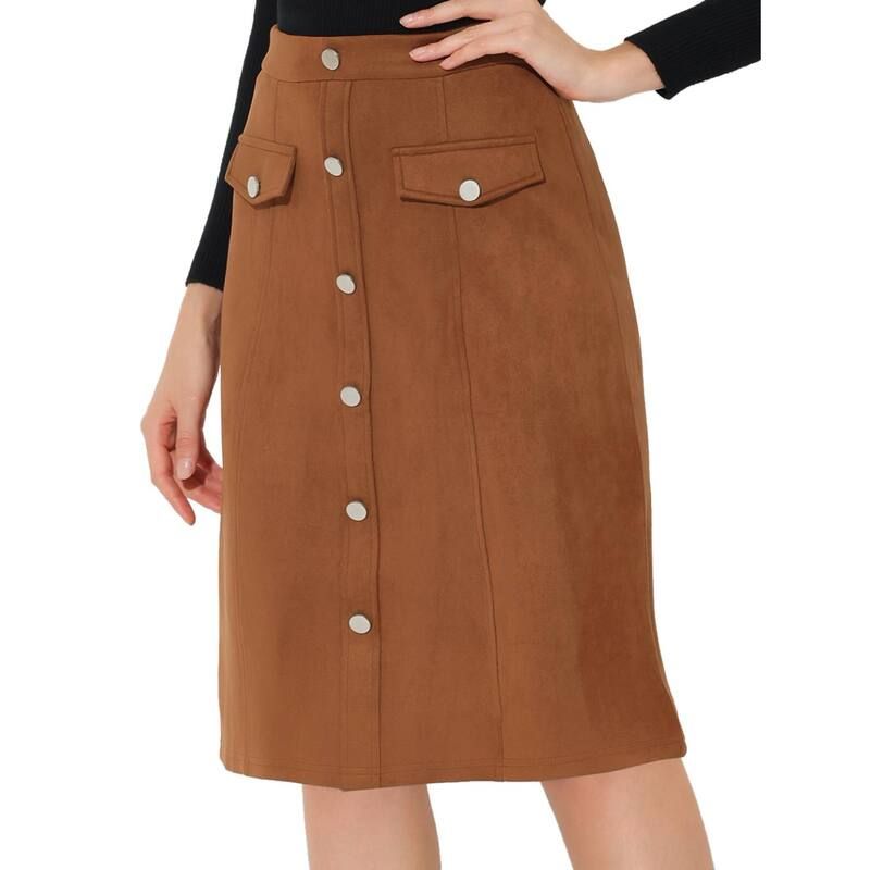 アレグラ ケー レディース ボトムスカート A ライン ひざ丈 スエード ALLEGRA K Womensuede Skirt Knee Length Button Front Pockets Decor ALine Skirts Brown ブラウン