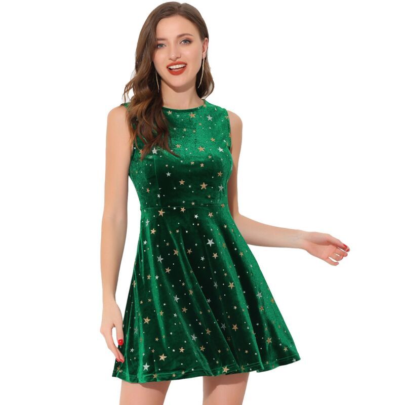 アレグラ ケー レディース トップス ワンピース ミニ ベルベット ノースリーブ ALLEGRA K Womenstars Velvet Round Neck Sleeveless Mini Dress Dark Green グリーン