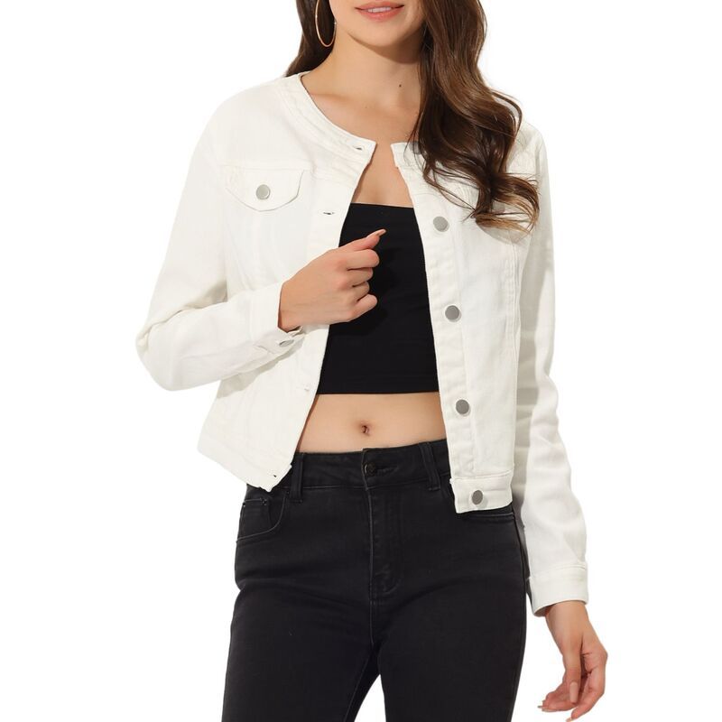 アレグラ ケー レディース アウター ジャケット・ブルゾン ボタンダウン クロップド デニム ALLEGRA K Womens Button Down Collarless Long Sleeve Croppedenim Jacket White ホワイト 13,636円