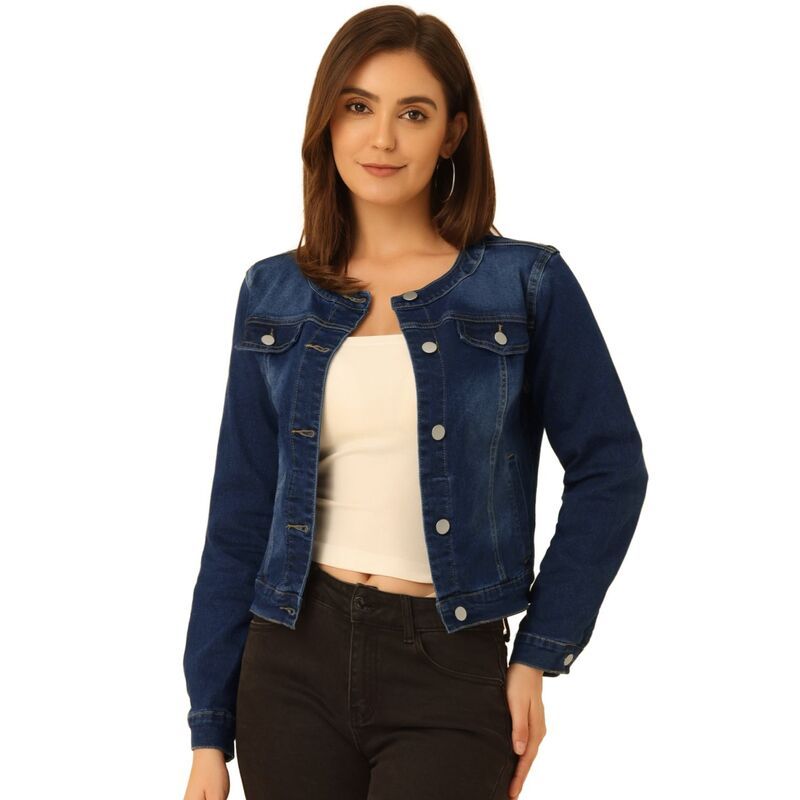 アレグラ ケー レディース アウター ジャケット・ブルゾン ボタンダウン クロップド デニム ALLEGRA K Womens Button Down Collarless Long Sleeve Croppedenim Jacket Deep Blue ブル