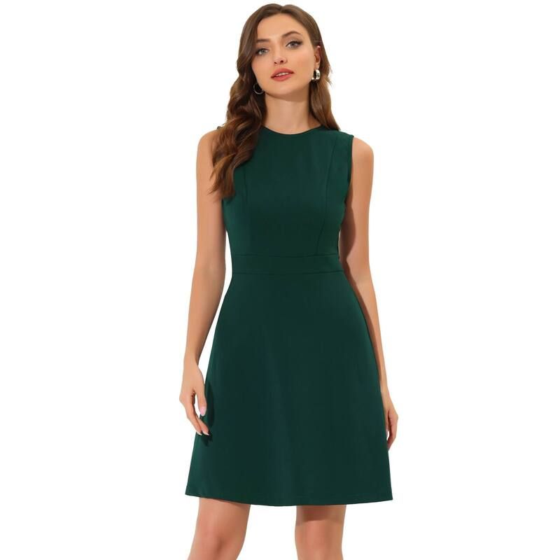 アレグラ ケー レディース トップス ワンピース A ライン ノースリーブ ALLEGRA K Womens Work Solid Color Sleeveless Aline Flaredresses Dark Green グリーン